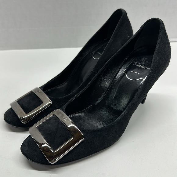 Roger Vivier High Heel Shoes Suede Pumps Round Toe Square Logo Black Size 36.5 - Picture 5 of 13